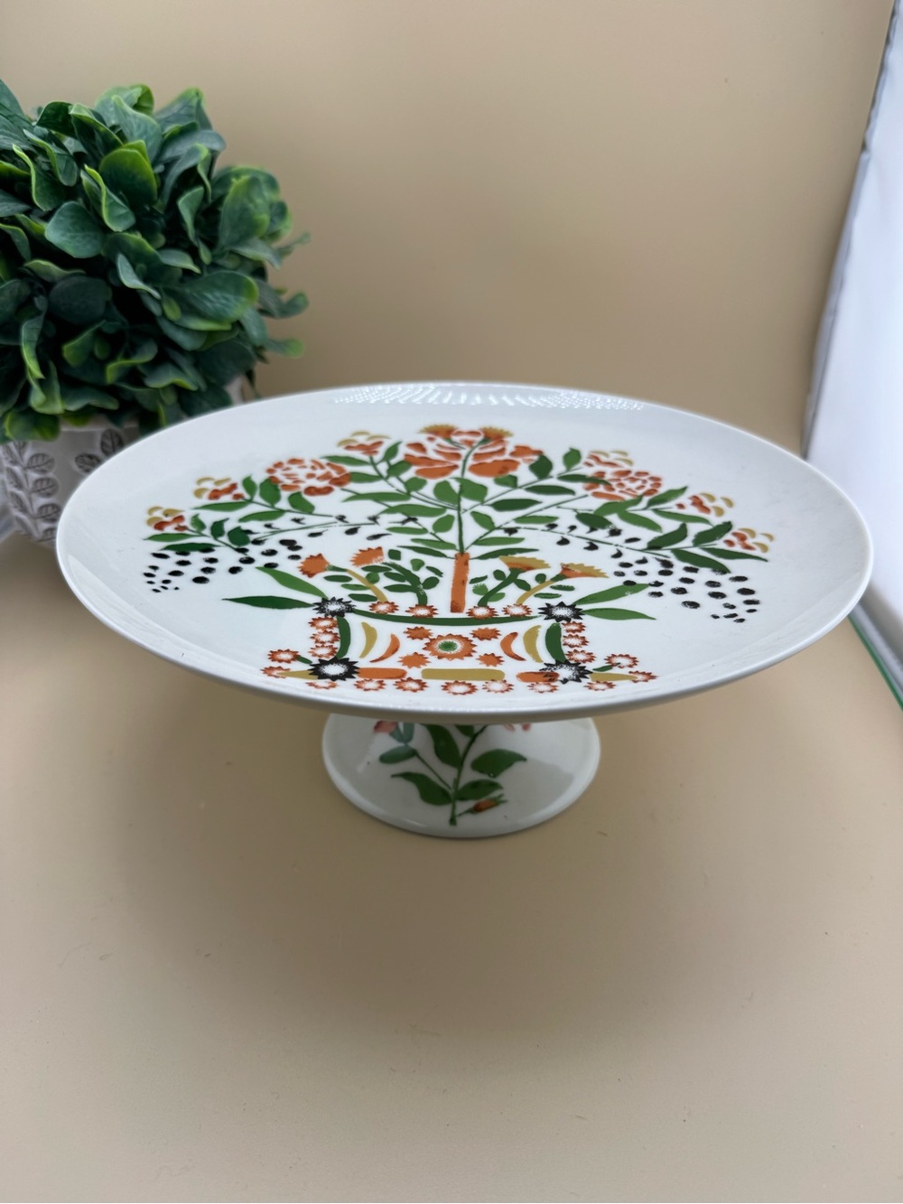Vintage Made in Japan Porcelain Pedestal Cake Stand Floral Folk Art 10”